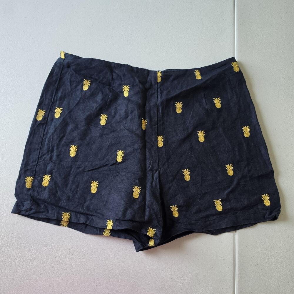 Boden Shorts Womens 8 Blue Linen Pineapple Embroidered Chino Summer Tropical